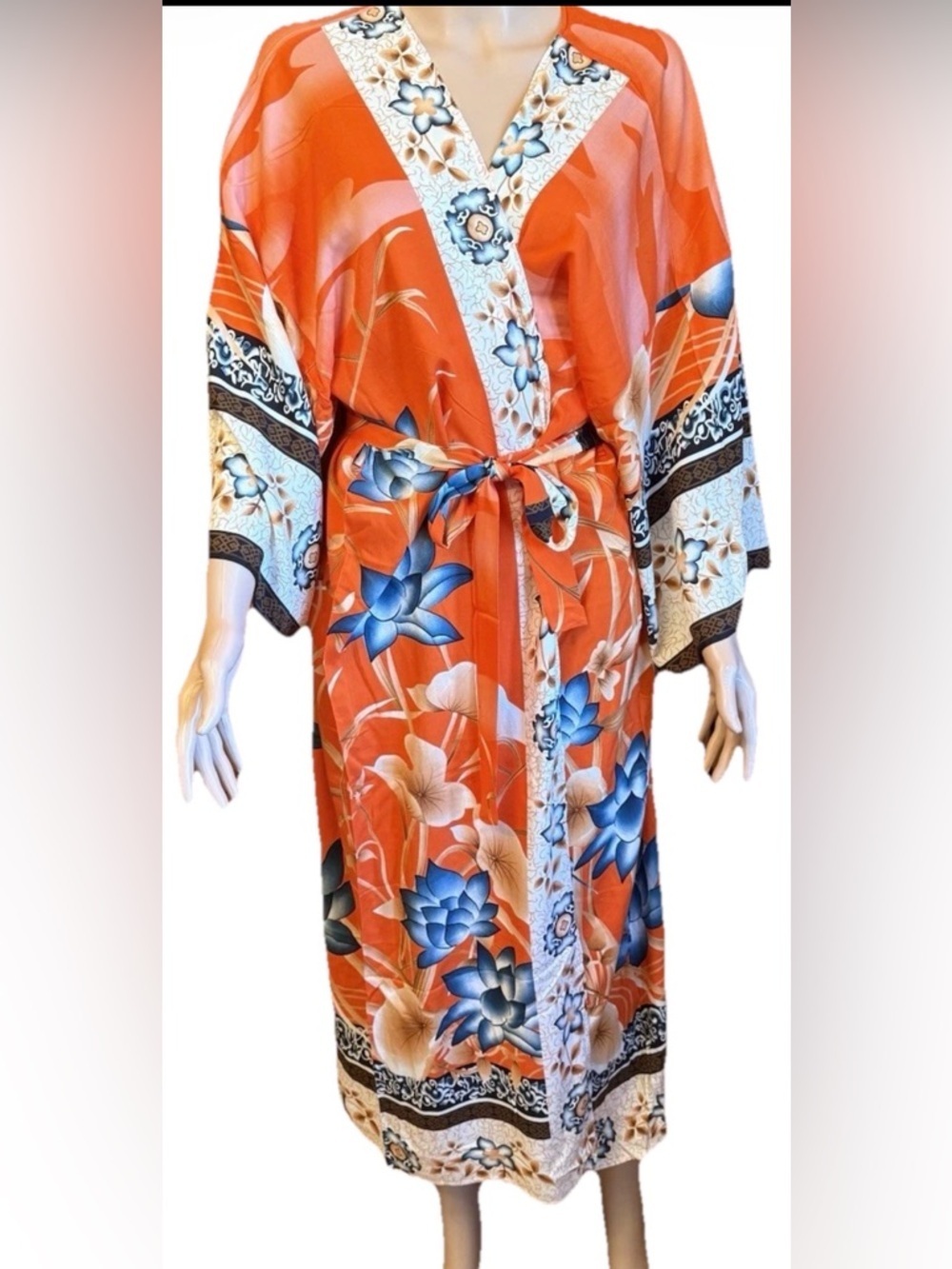 Orange Floral Crane Kimono Robe Boho Asian Inspired Belted Duster Cover Up New